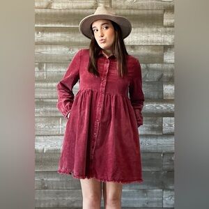 Cute! jodifl burgundy corduroy babydoll mini dress with long sleeves R40512